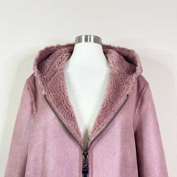 NEW DKNY | Mauve Pink Hooded Faux Shearling Long Zip Winter Coat Jacket XL NWOT - Picture 3 of 13